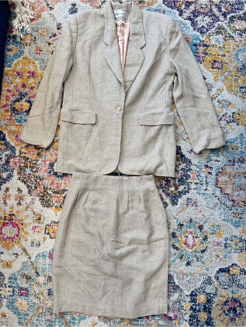 Vintage Spiegel Wool Blend Tweed Skirt Suit Set Beige Houndstooth Petite 6 8